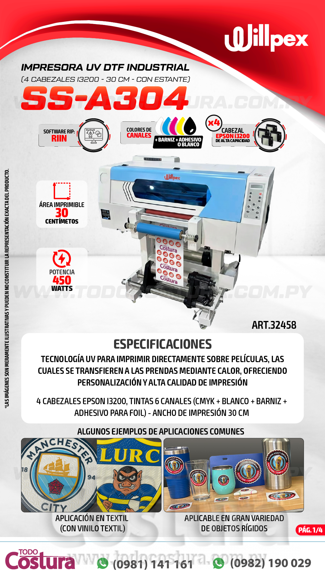 IMPRESORA UV DTF INDUSTRIAL (4 CABEZALES I3200 - 30 CM) WILLPEX SS-A304 (CON ESTANTE)